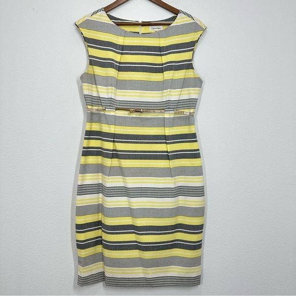 Calvin Klein Butter Yellow Grey White Sleeveless Belted Sheath Office Career 12 - Picture 1 of 5
